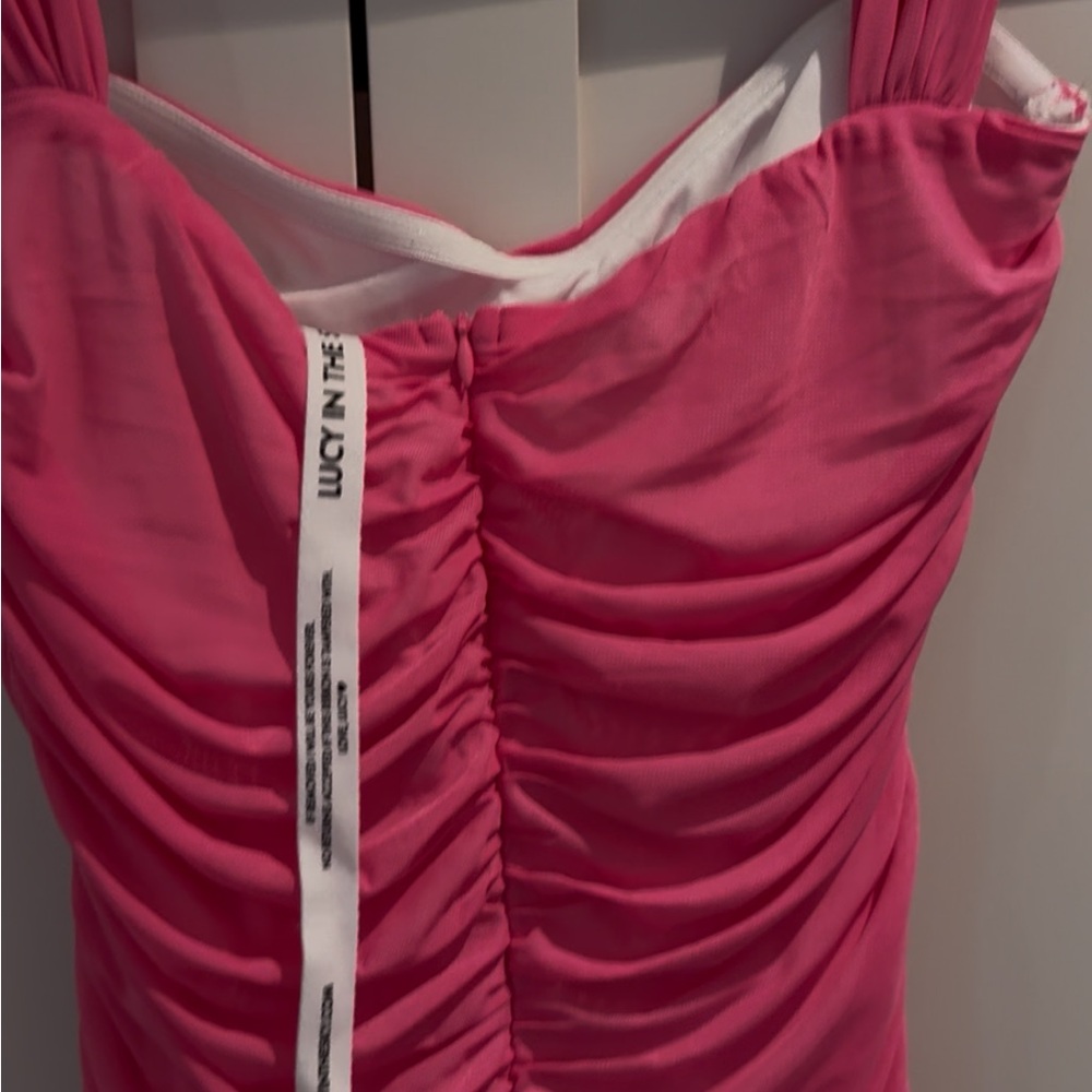 NWT and Sold Out Online! Lucy in the Sky Mesh Off Shoulder Bodycon Dress in Pink - Picture 4 of 6